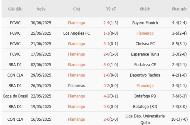 Phong độ gần đây Flamengo thể hiện