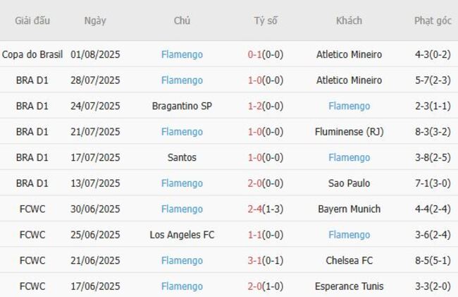 Phong độ gần đây Flamengo trình diễn 